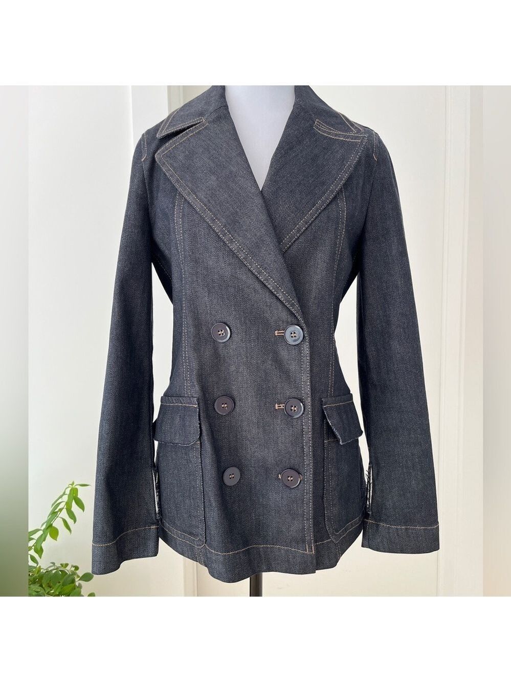MARC CAIN Denim Double Breasted Jacket Raw Edge Detail Casual Office Nautical